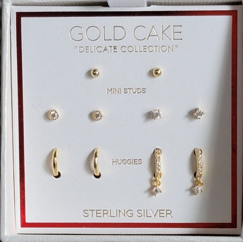 GOLD CAKE Sterling Silver Mini Earrings, Brand New, 5 Pairs